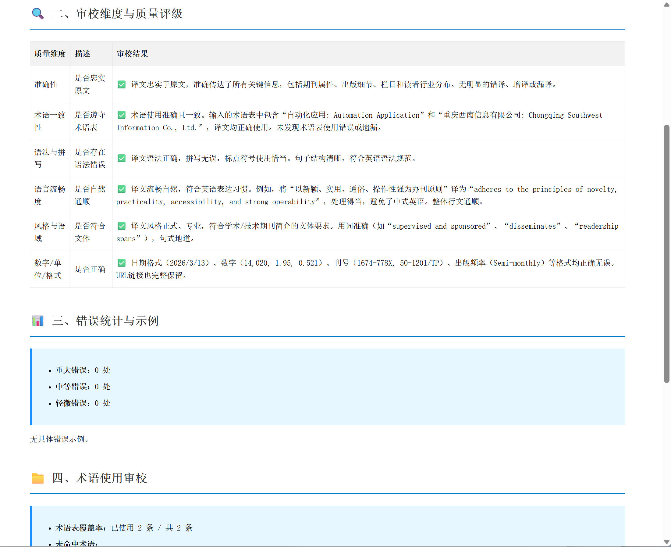 AI审校报告界面：六个质量维度，逐条列出审校结论