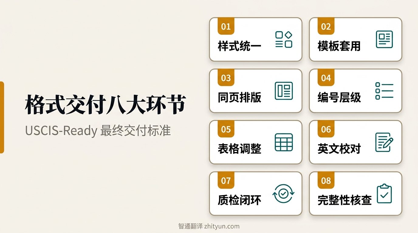移民翻译格式交付八大环节:样式统一、模板应用、同页排版、编号层级、表格调整、英文校对、质检闭环、完整性核查,智通翻译 zhityun.com